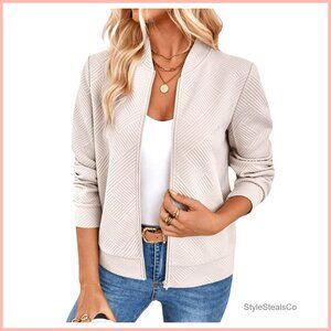 Lightweight Zip Up Bomber Jacket Textured Fabric Casual Business Outfits